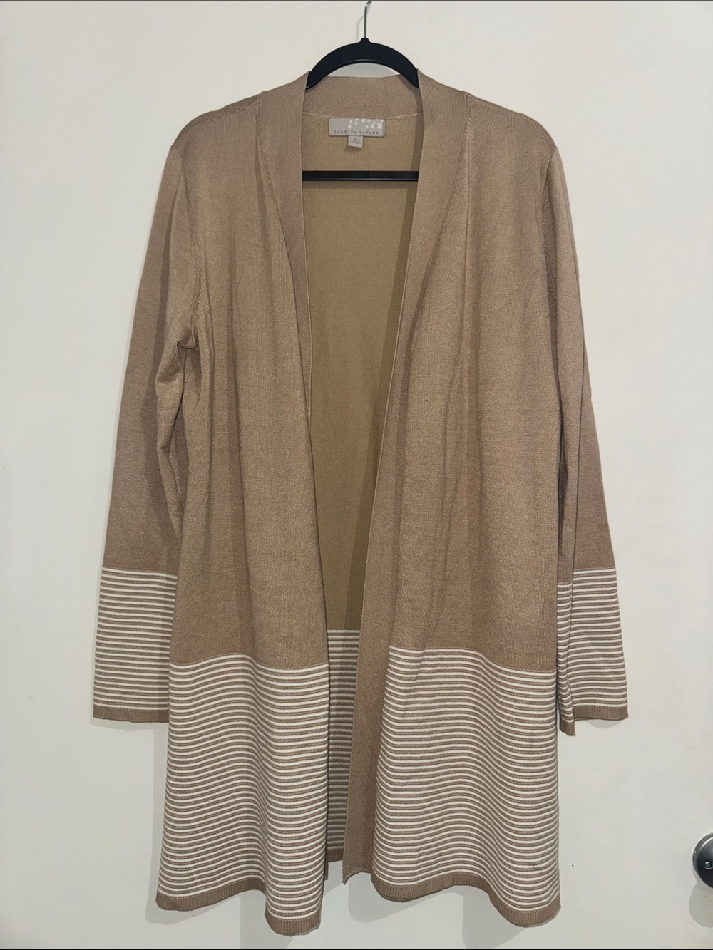 Carolyn Taylor Tan Open-Front Striped Hem Cardigan